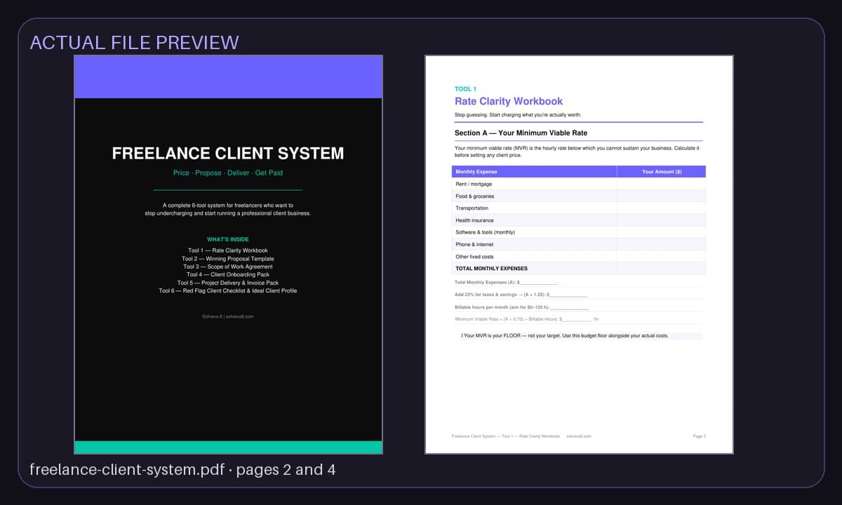 Preview of pages from the actual Freelance Client System files