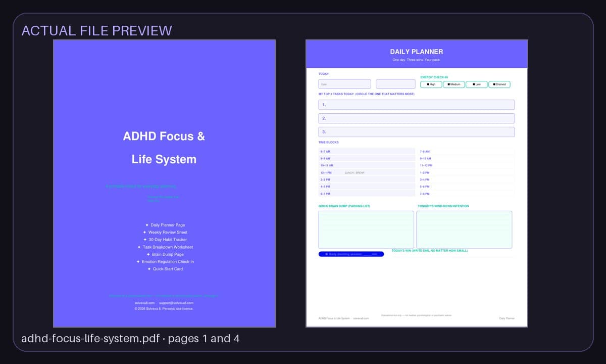 Preview of pages from the actual ADHD Focus & Life System files