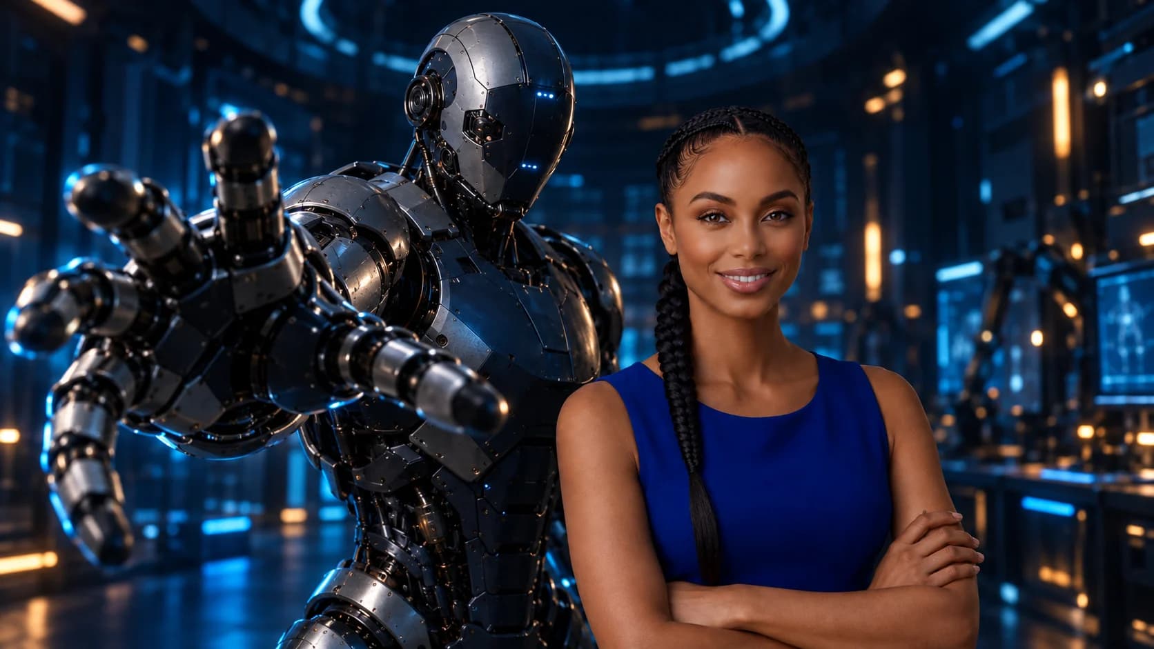 Esther beside the silver humanoid robot reaching its hand toward the camera